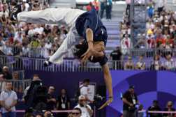 France's Sya Dembele, known as Syssy competes in the Women's Breaking dance Round robin of the Paris 2024 Olympic Games at La Concorde in Paris, on August 9, 2024. (Photo by Odd ANDERSEN / AFP)