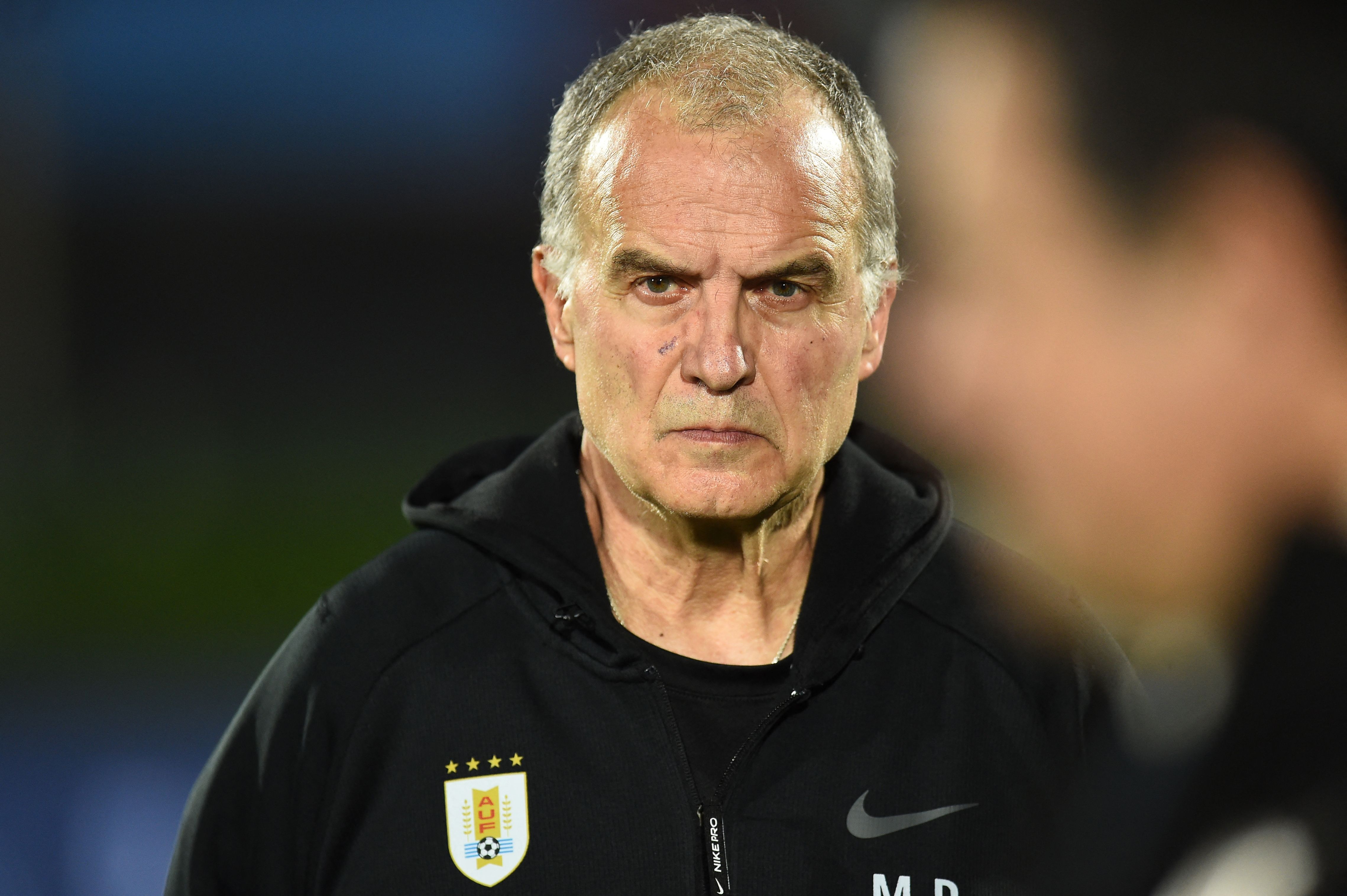 Uruguay's Argentine coach Marcelo Bielsa gestures during the 2026 FIFA World Cup South American qualifiers football match between Uruguay and Ecuador at the Centenario stadium in Montevideo on October 15, 2024. (Photo by DANTE FERNANDEZ / AFP)