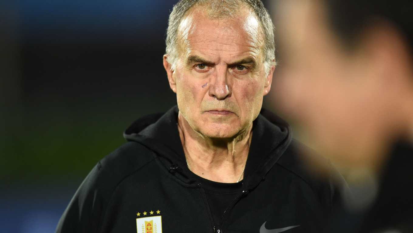 Uruguay's Argentine coach Marcelo Bielsa gestures during the 2026 FIFA World Cup South American qualifiers football match between Uruguay and Ecuador at the Centenario stadium in Montevideo on October 15, 2024. (Photo by DANTE FERNANDEZ / AFP)
