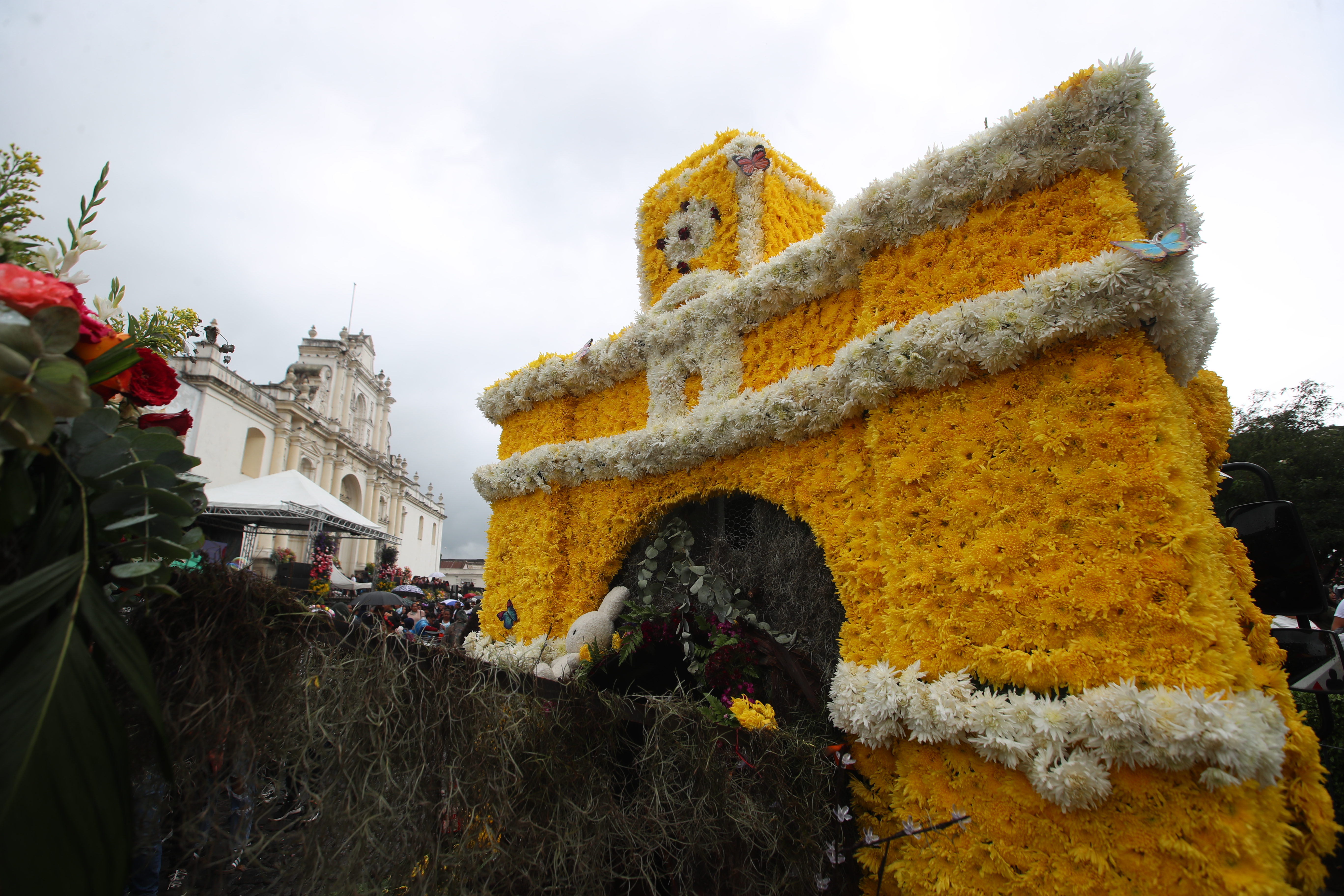 En el Parque de la Antigua Guatemala, un majestuoso arco hecho completamente de flores da la bienvenida a los visitantes, fusionando la belleza natural con la arquitectura colonial de la ciudad. (Foto Prensa Libre: Byron Rivera Baiza)