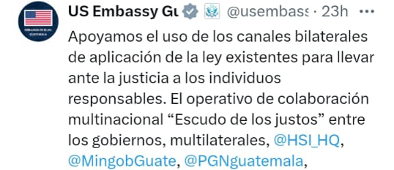 Publicación en la red social "X" de parte de la embajada de los Estados Unidos luego que el operativo, que duró 15 horas, finalizara con el rescate de menores y el detenido. (Foto Prensa Libre: captura de pantalla en x.com)