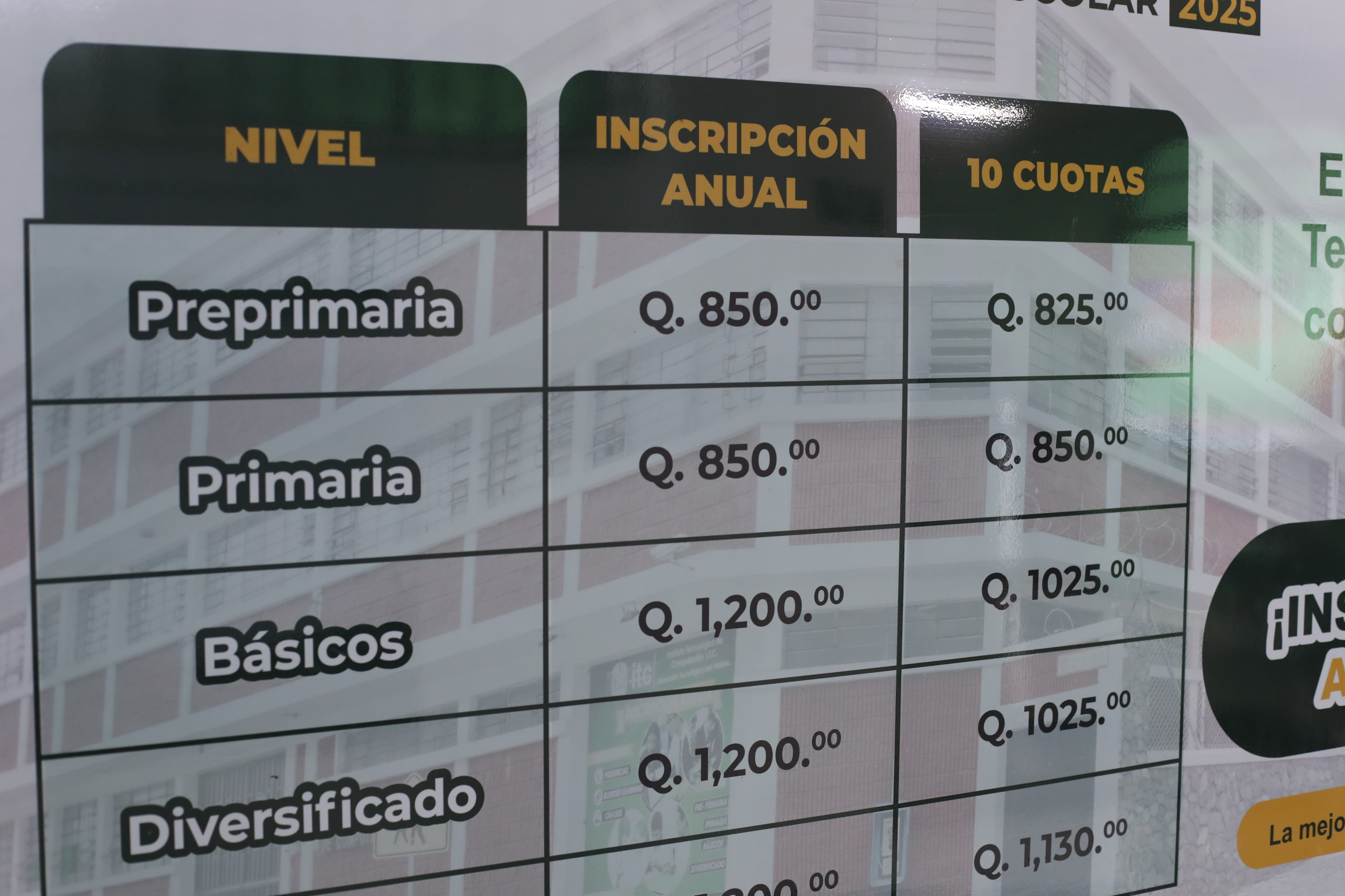  Listado de precios publicado por un colegio. La Diaco ha recibido quejas por cobros no autorizados y exige que se respeten los montos avalados por el Ministerio de Educación. (Foto Prensa Libre: Juan Diego González)