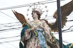 El 1 de enero de todos los aos se celebra la santidad de la virgen Mara como la madre de Jess. El comit de la procesin virgen de la plvora Don Bosco ao con ao buscan mas que una tradicin conmemorar a la madre divina como se le conoce. 

El cortejo procesional recorri las calles de la zona 8, 1 y 3 de la ciudad capital. 

Los cristianos, caracterizados con tnica y capa celeste, en la parte de atrs con una imagen de la virgen de Guadalupe. Y los que tienen traje rojo son los moros. Enemigos de los cristianos. 

Cohetillos en fila para rendir homenaje a la virgen.

Prensa Libre, Emilio Chang, 01/01/2025