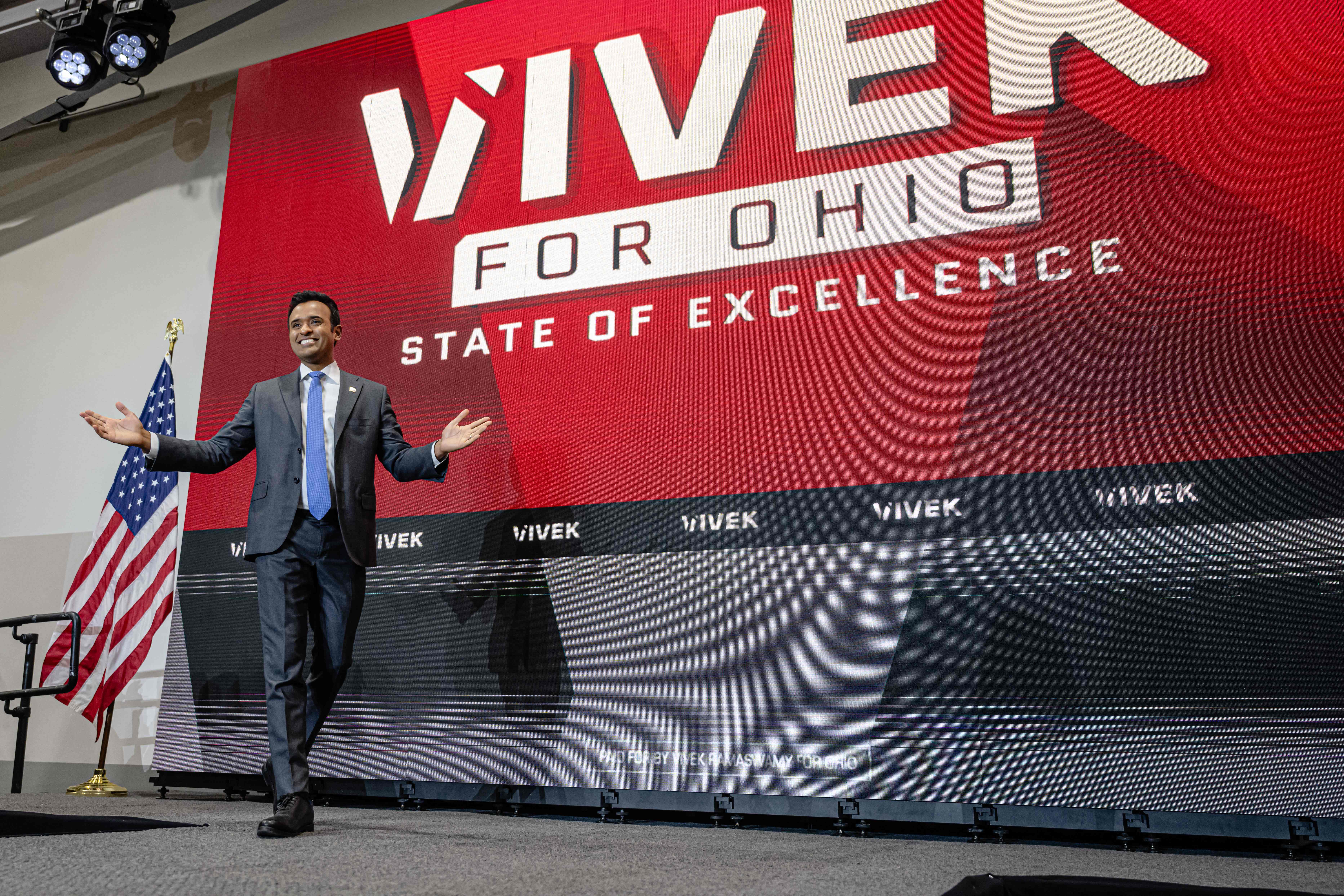 CINCINNATI, OHIO - FEBRUARY 24: Vivek Ramaswamy steps on stage at CTL Aerospace on February 24, 2025 in Cincinnati, Ohio. Ramaswamy launched his Ohio gubernatorial campaign during the event.   Jon Cherry/Getty Images/AFP (Photo by Jon Cherry / GETTY IMAGES NORTH AMERICA / Getty Images via AFP)