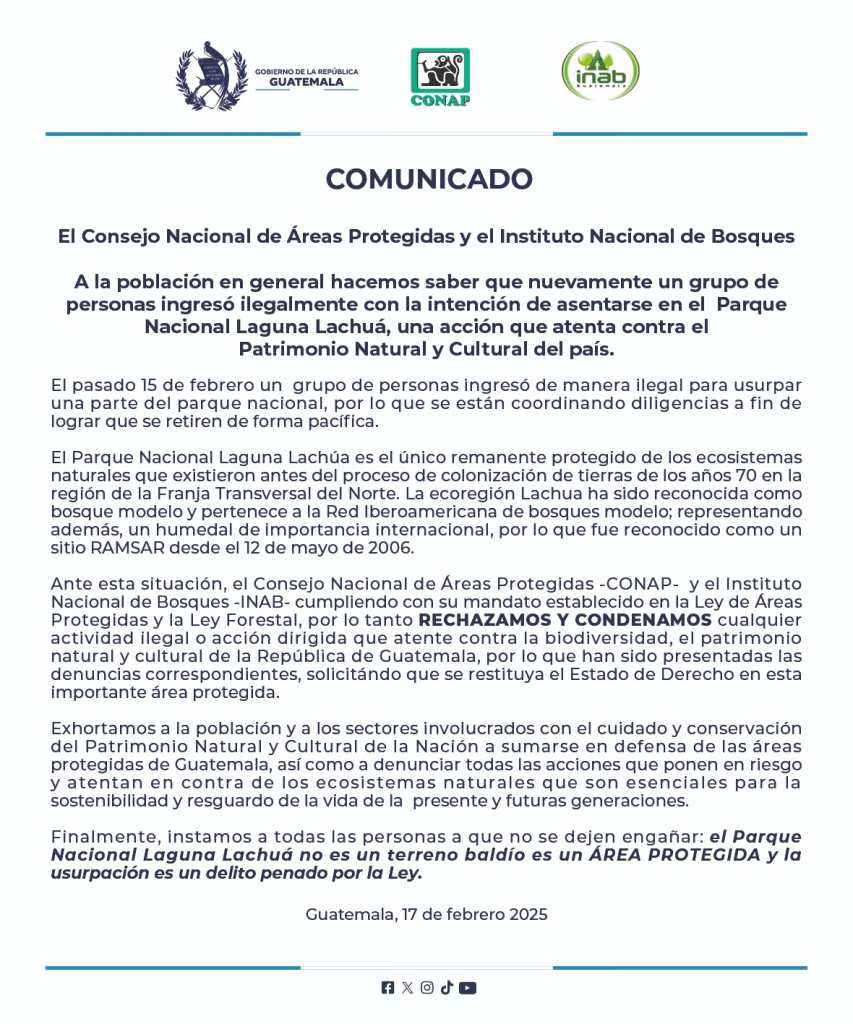comunicado Conap Inab parque Laguna Lachuá
