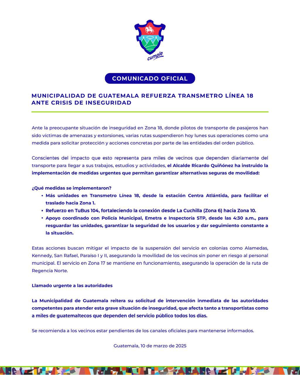 Suspenden servicio de buses en la zona 18 