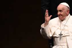 (FILES) Pope Francis gestures after holding a meeting with authorities, civil society, and the diplomatic corps at the Belem district's cultural centre in Lisbon, during his five-day visit to attend the World Youth Day (WYD) gathering of young Catholics, on August 2, 2023. Pope Francis died on April 21, 2025 announced The Vatican. (Photo by Marco BERTORELLO / AFP)