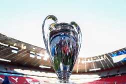 This photograph shows the UEFA Champions League trophy during the MD-1 training session on the eve of the UEFA Champions League final football match between Inter Milan and Paris Saint-Germain (PSG) in Munich, southern Germany, on May 30, 2025. (Photo by FRANCK FIFE / AFP)