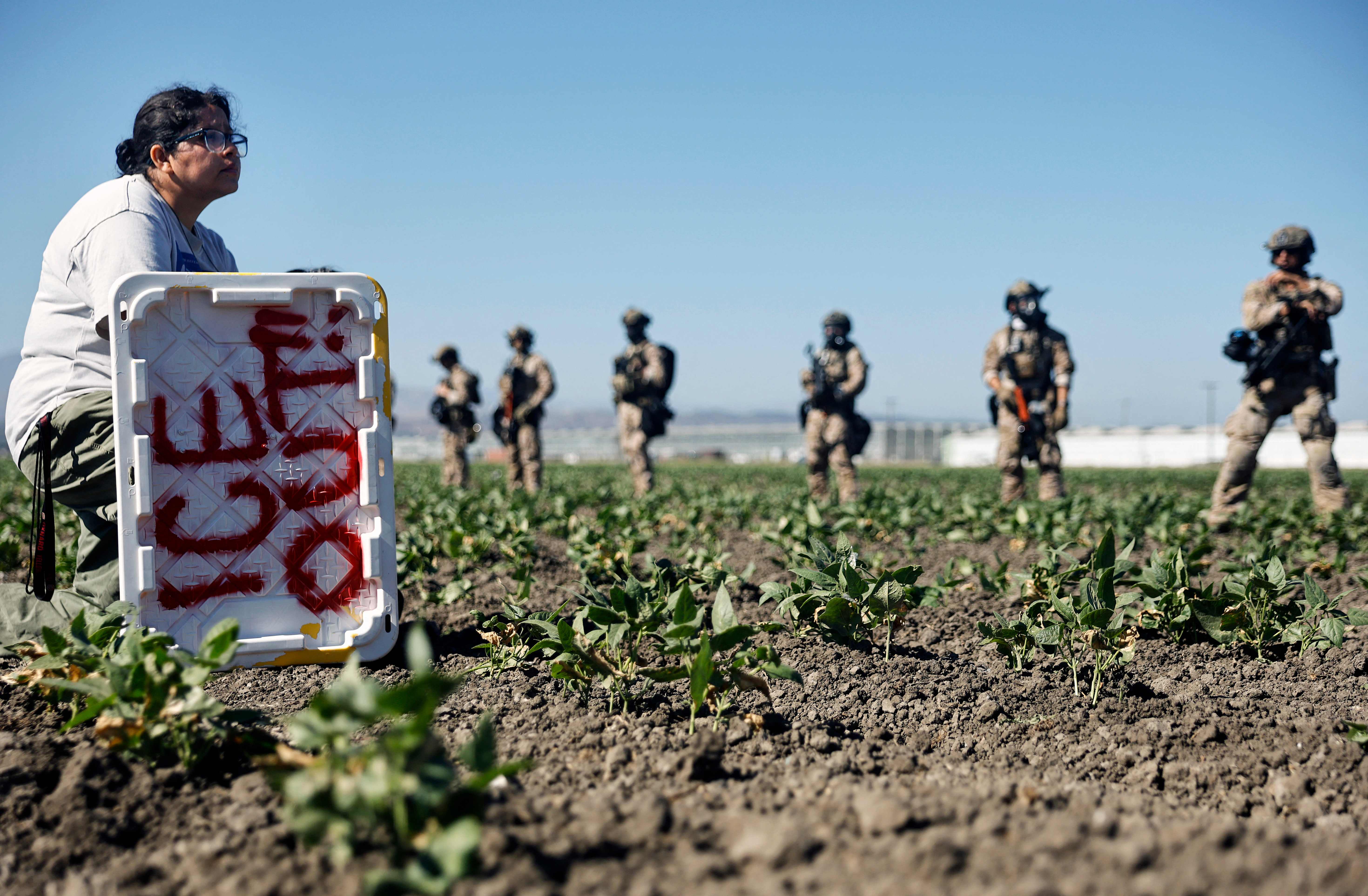Agentes federales bloquean una protesta cerca de una finca en Camarillo, California. (Foto Prensa Libre: /Getty Images/AFP)