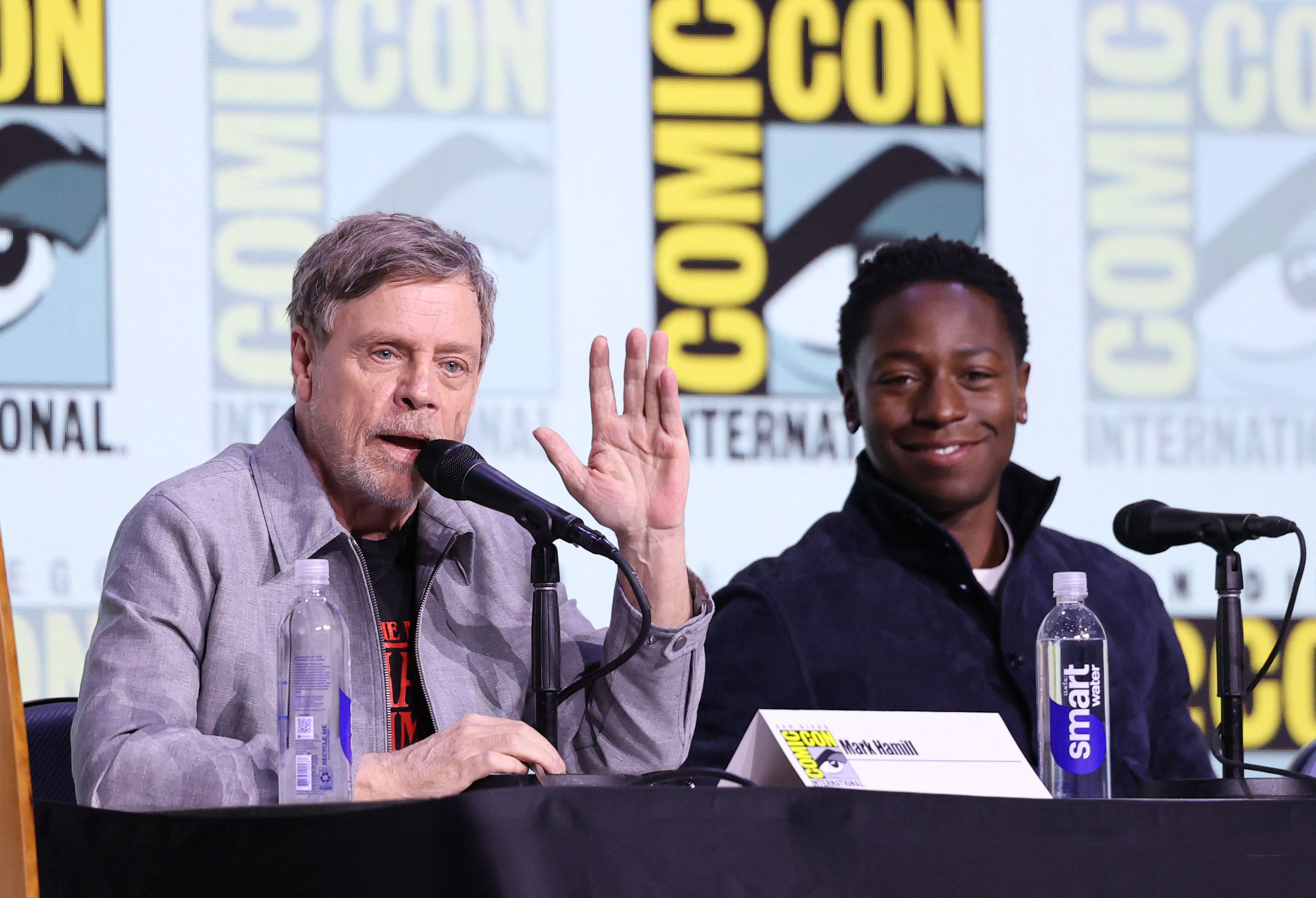 SAN DIEGO, CALIFORNIA - JULY 25: (L-R) Mark Hamill and David Jonsson speak onstage at Liongate's "The Long Walk" Panel during 2025 Comic-Con International: San Diego at San Diego Convention Center on July 25, 2025 in San Diego, California.   Amy Sussman/Getty Images/AFP (Photo by Amy Sussman / GETTY IMAGES NORTH AMERICA / Getty Images via AFP)