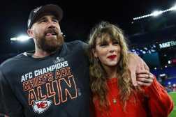 (FILES) Travis Kelce #87 of the Kansas City Chiefs (L) celebrates with Taylor Swift after defeating the Baltimore Ravens in the AFC Championship Game at M&T Bank Stadium on January 28, 2024 in Baltimore, Maryland. Pop superstar Taylor Swift and American football player Travis Kelce announced their engagement on August 26, 2025, setting the stage for a high-profile wedding for the celebrity couple. A joint post on their Instagram pages showed pictures of Kelce on one knee making his marriage proposal in a flower-laden garden, and then Swift, 35, displaying a large diamond ring. (Photo by Patrick Smith / GETTY IMAGES NORTH AMERICA / AFP)