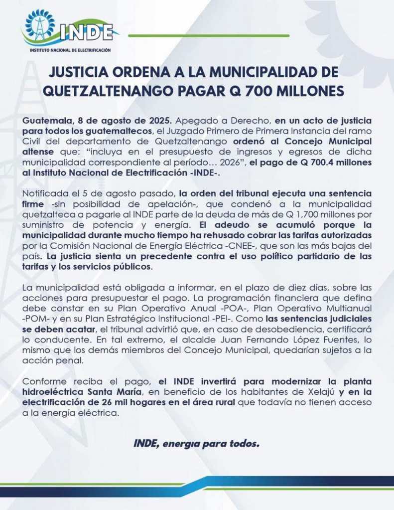 INDE Quetzaltenango deuda