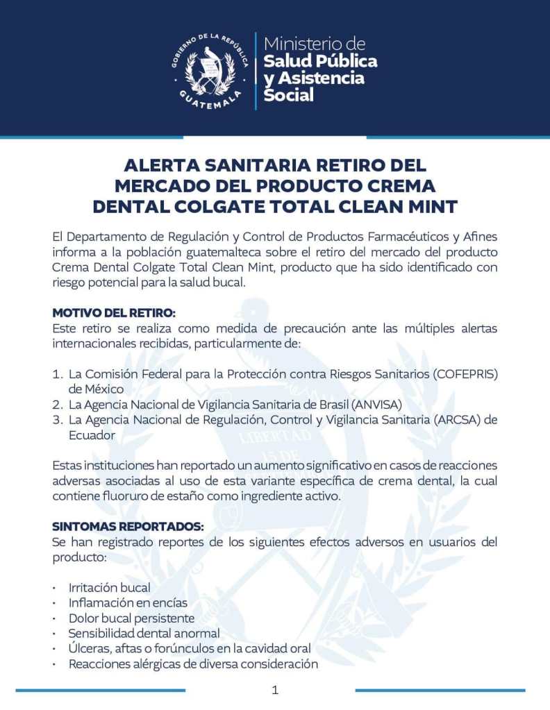 Ministerio de Salud Pública retiro de pasta dental Colgate fluoruro de estaño