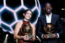 Paris Saint-Germain's French forward Ousmane Dembele and Barcelona's Spanish midfielder and Ballon dOr 2024 winner Aitana Bonmati pose after receiving the Ballon d'Or awards during the 2025 Ballon d'Or France Football award ceremony at the Theatre du Chatelet in Paris on September 22, 2025. (Photo by Franck FIFE / AFP)