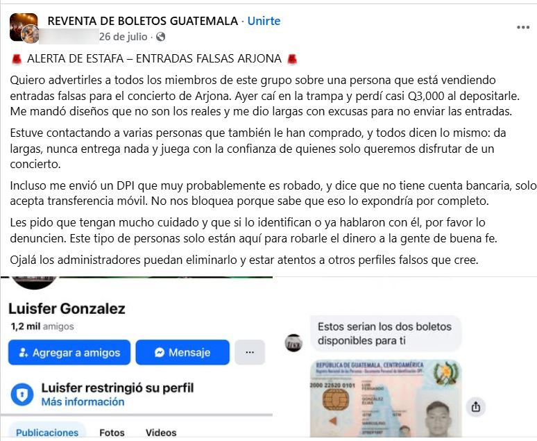 Alerta estafa boletos QR falsos para concierto de Ricardo Arjona alerta en Facebook