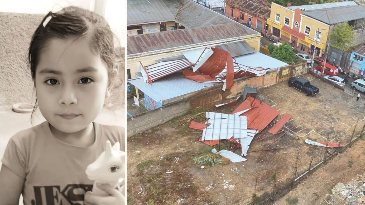 Fotograma que muestra a la niña fallecida, Kimberly Evanelia Gómez, y la escuela Juan Manuel Aguirre con el techo desplomado tras el accidente en Chiquimula.