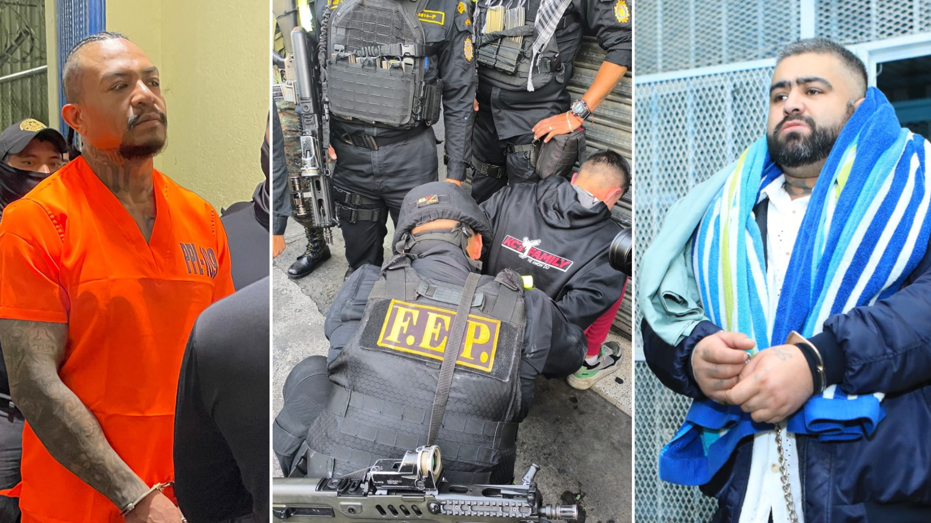 De izquierda a derecha: Jorge Jair de León Hernández, alias El Diabólico, cabecilla de la MS‑13; agentes de la Fuerza Especial de Reacción (F.E.P.) de la PNC durante un operativo en la zona 3 de la ciudad de Guatemala; y Aldo Duppie Ochoa Mejía, alias El Lobo, cabecilla del Barrio 18.