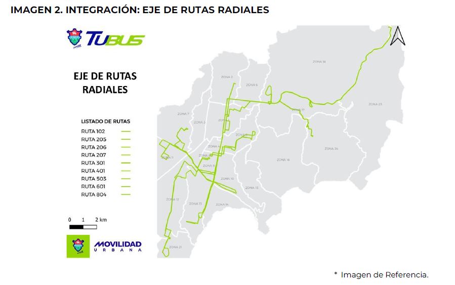 Mapa de referencia de rutas radiales que habrá del sistema TuBus en Ciudad de Guatemala