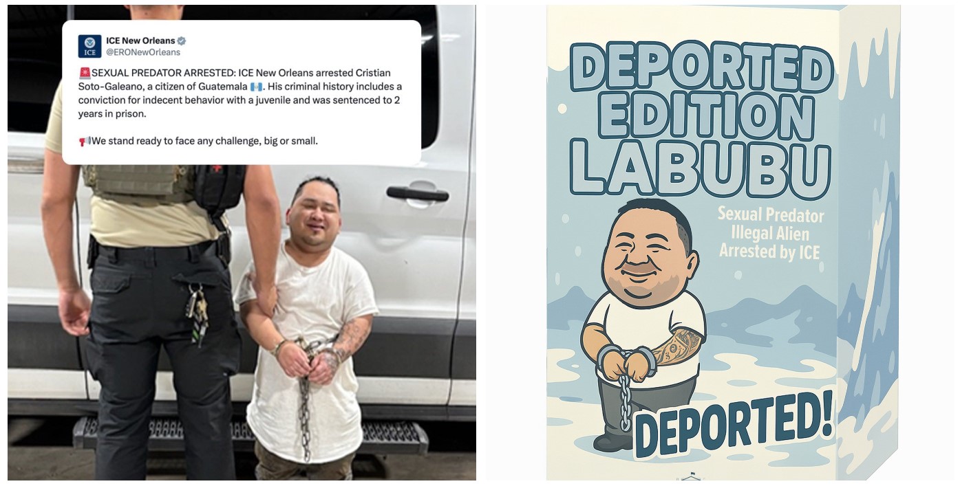 La caricatura muestra un muñeco tipo Labubu, con rasgos alterados por inteligencia artificial para representar a un guatemalteco con enanismo, esposado y acompañado del texto “depredador sexual arrestado por ICE”. (Foto Prensa Libre: Tomadas de la cuenta de X @WhiteHouse)
