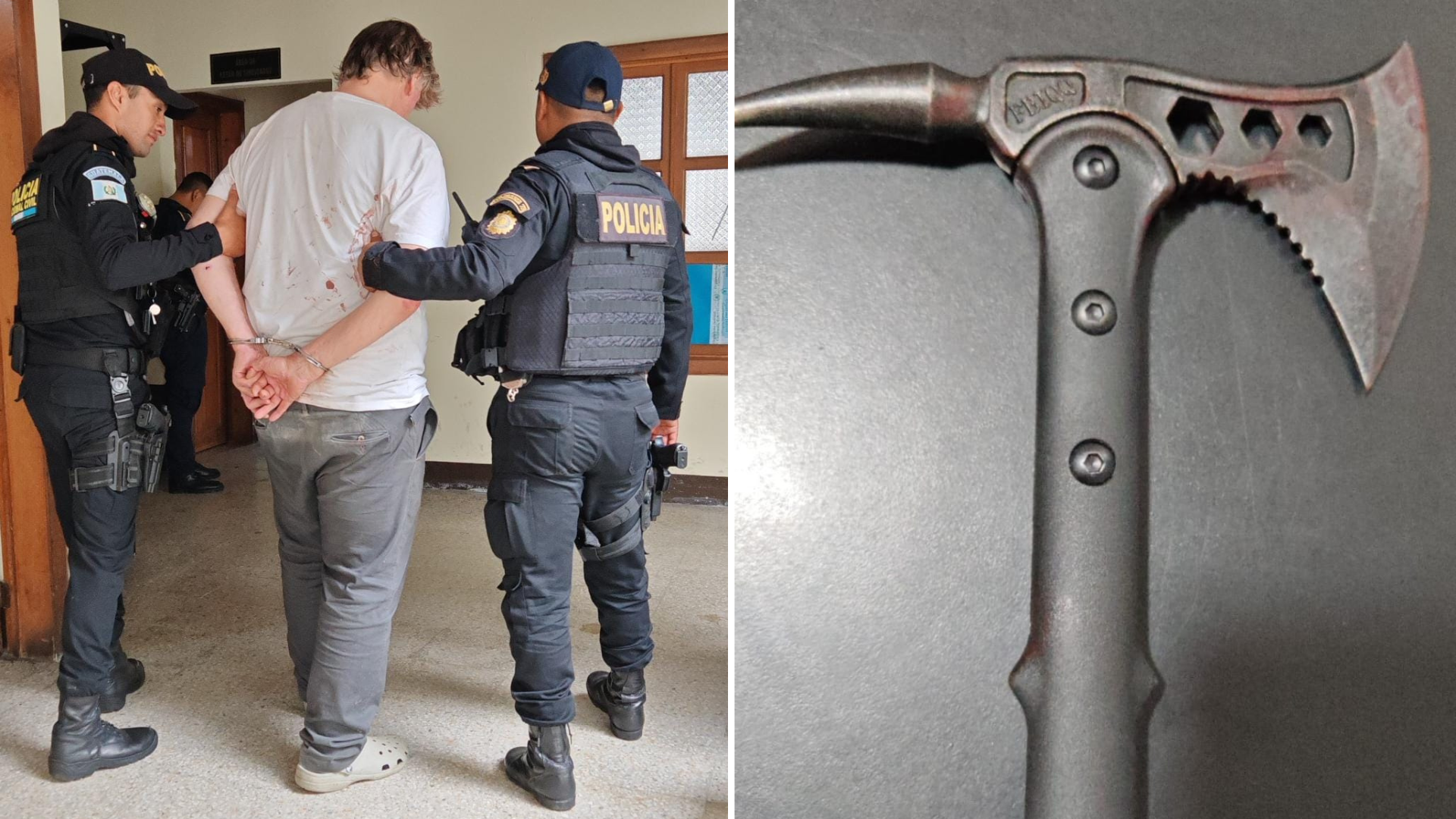Robertson “N”, ciudadano británico detenido por atacar con un hacha en Antigua Guatemala, siendo trasladado por autoridades.