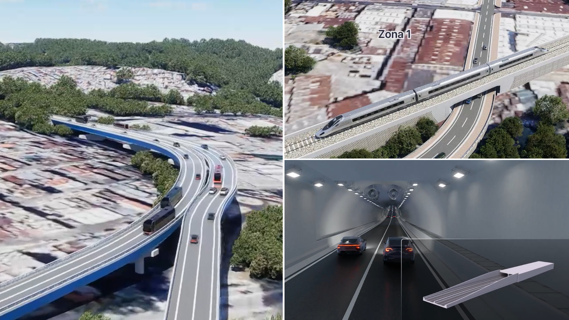 Composición de la simulación del Plan Maestro de Movilidad: puente elevado, paso elevado para el metroriel en zona 1 y viaducto en zona 13 cerca del aeropuerto.