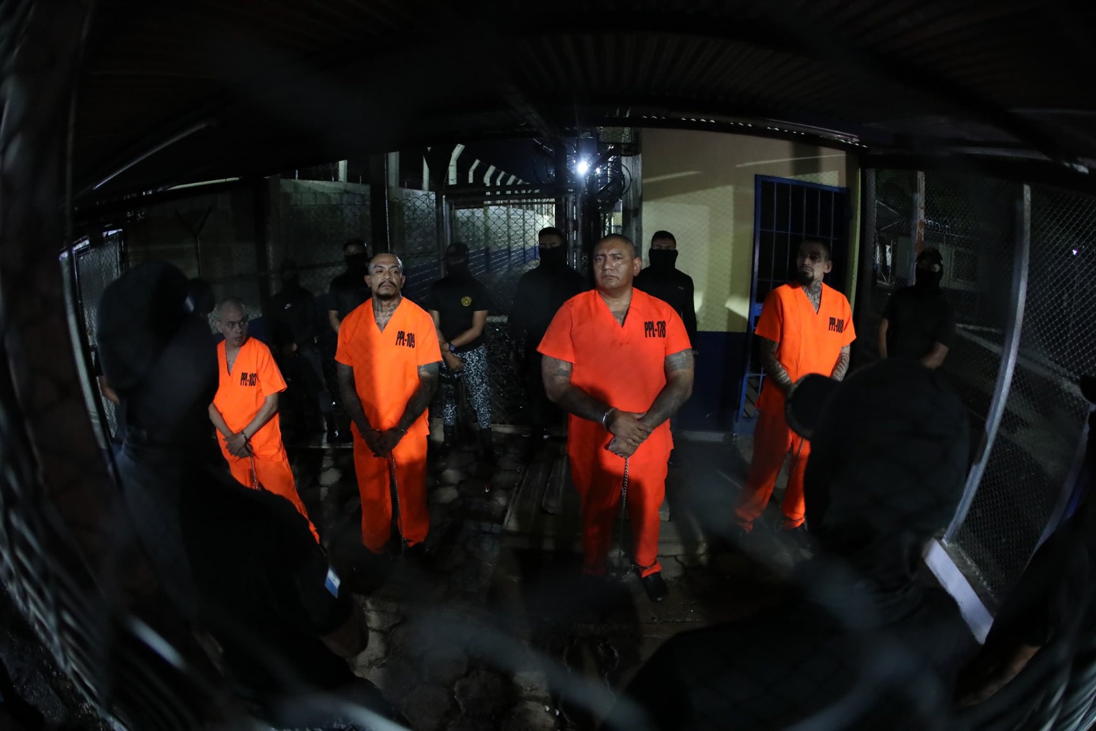 Reos esposados en fila posan frente a la cámara durante su traslado a una cárcel de máxima seguridad en Guatemala.