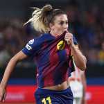 Barcelona's Spanish midfielder #11 Alexia Putellas celebrates scoring her team's first goal during the Women's Champions League, league phase day 1 football match between FC Barcelona and Bayern Munich at Johan Cruyff Stadium in Barcelona on October 7, 2025. (Photo by Josep LAGO / AFP)