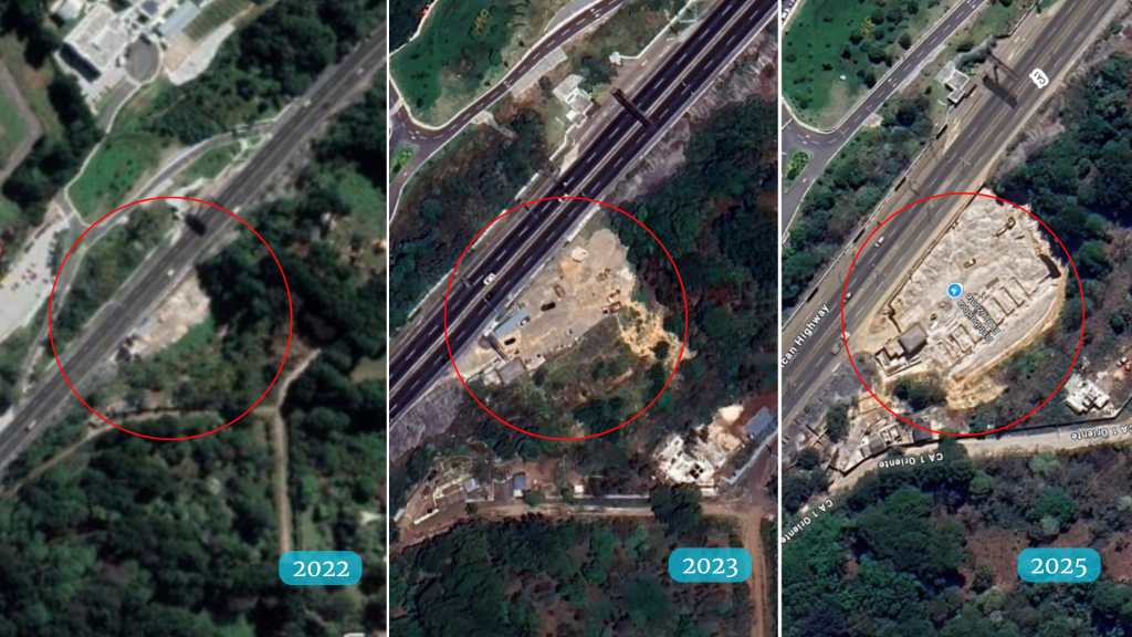 Composición satelital del área del derrumbe mostrando los años 2022, 2023 y 2025 