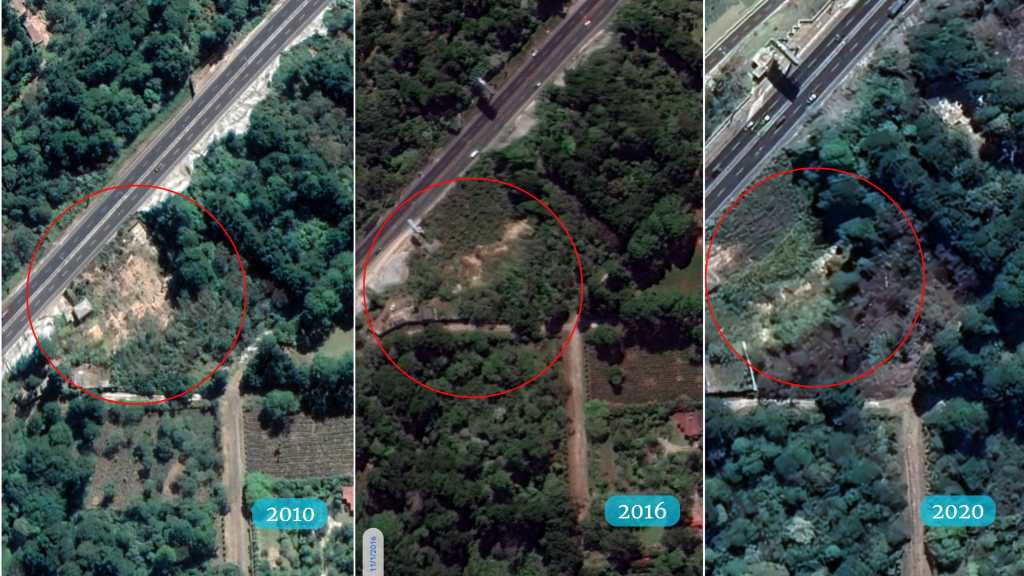 Composición satelital del área del derrumbe mostrando los años 2010, 2016 y 2020