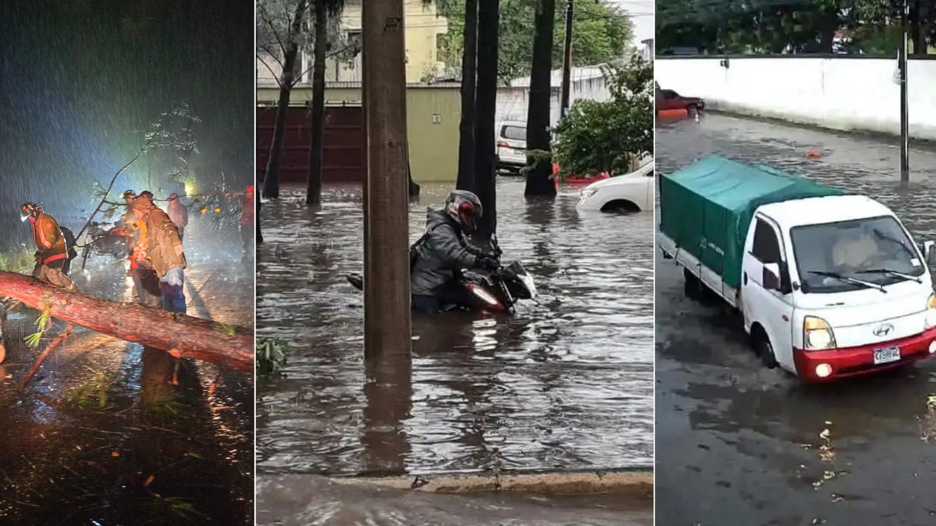 Tres incidentes provocados por lluvias intensas en Ciudad de Guatemala y Mixco, incluyendo calles inundadas, deslizamientos y tráfico colapsado.