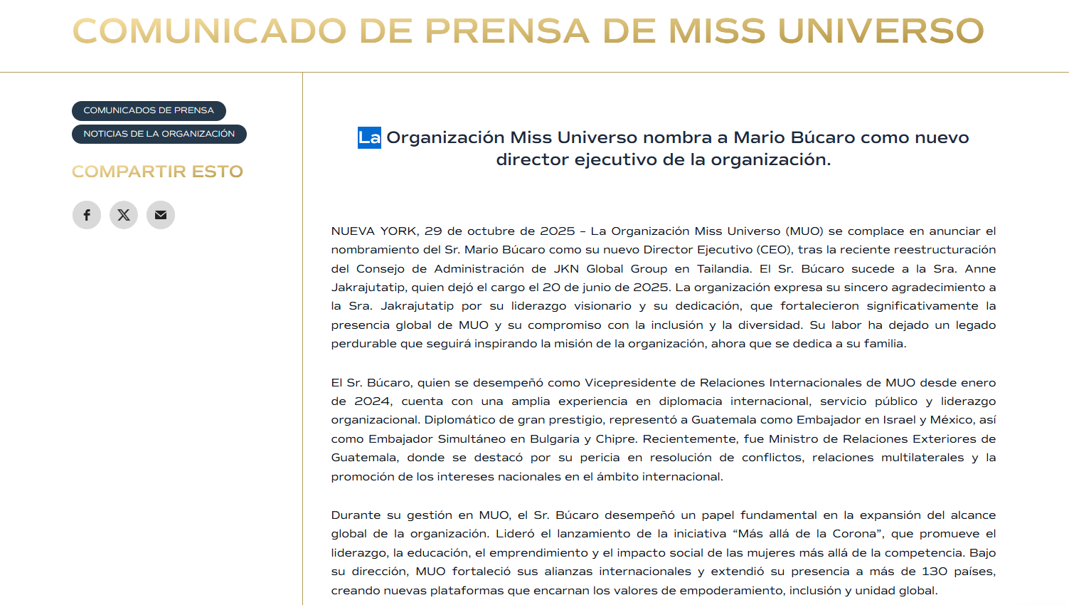 Mario Bucaro Miss Universo director ejecutivo