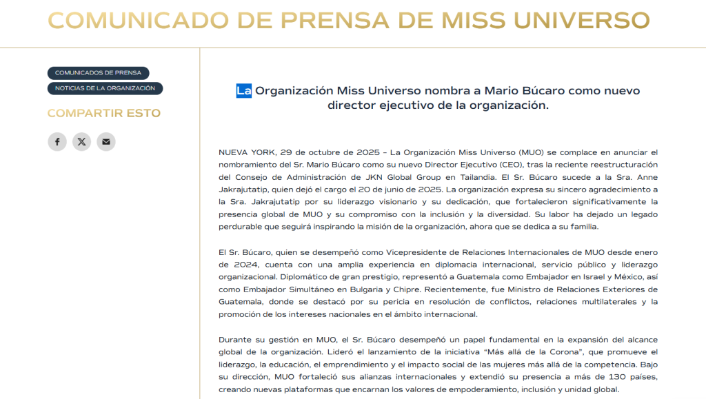 Mario Bucaro Miss Universo director ejecutivo
