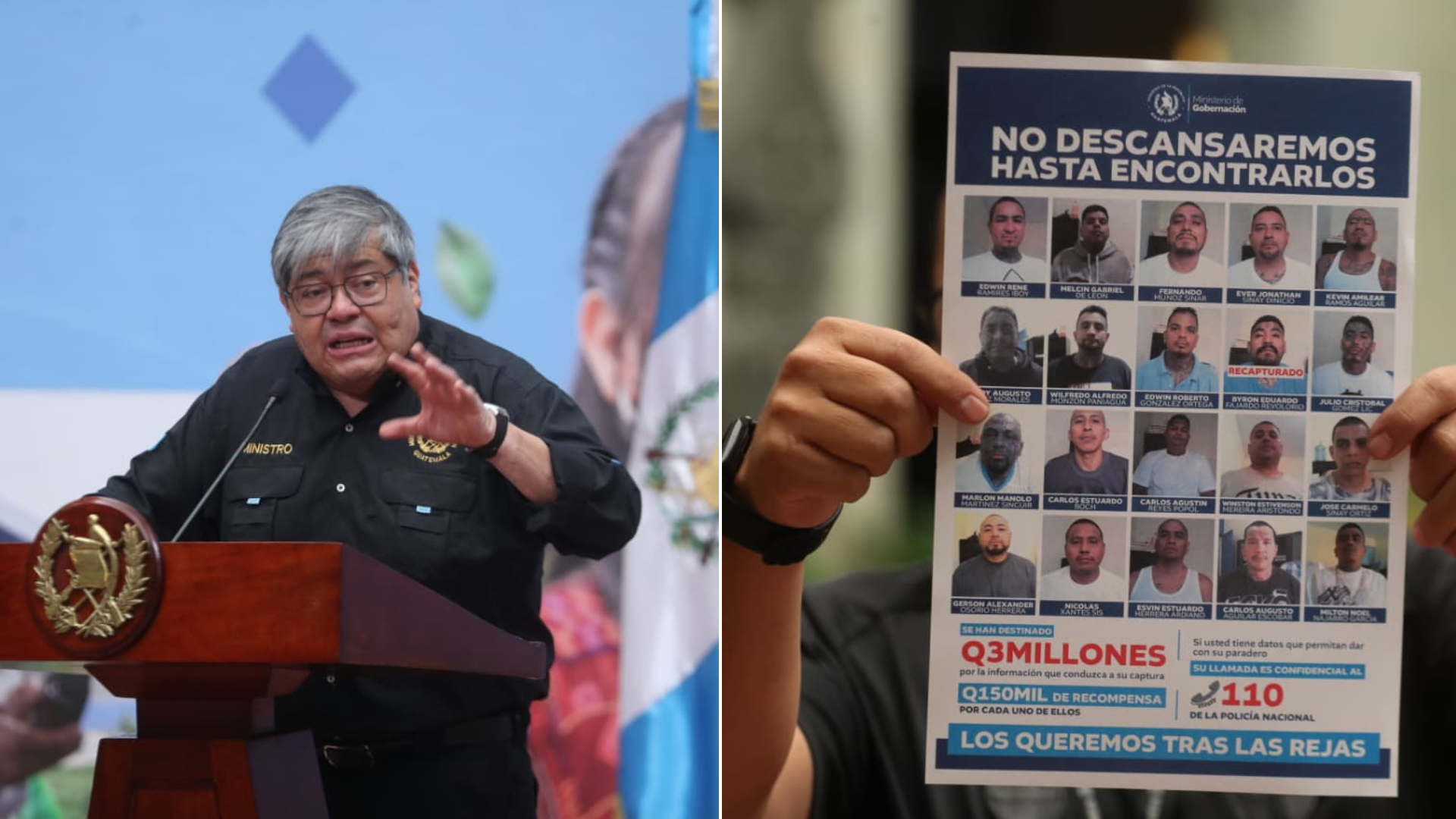 Ministro Francisco Jiménez junto al afiche de los reos fugados de Fraijanes II.