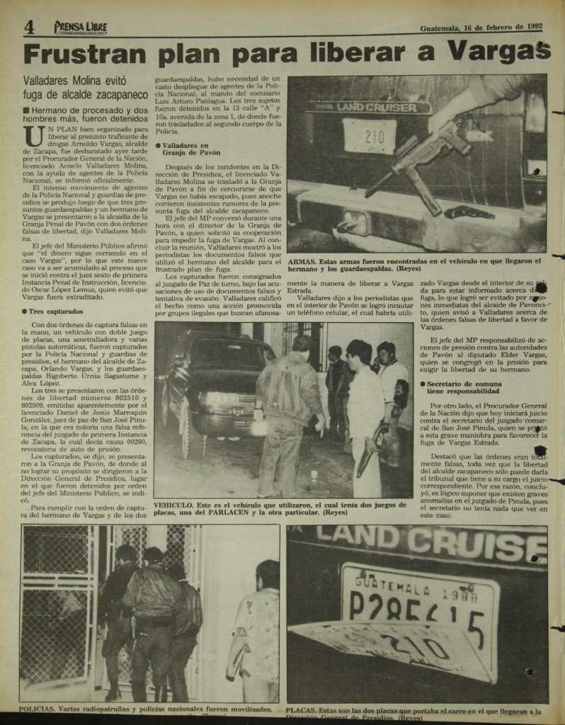 Recorte de Prensa Libre que informa sobre el plan de fuga del hermano de Arnoldo Vargas para impedir su extradición a Estados Unidos.