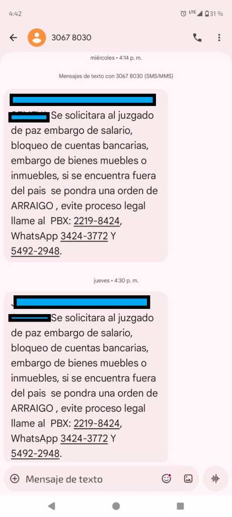 Mensajes de texto que amenazan con acciones legales al deudor, pero son enviados a familiares; según la Diaco, esto puede considerarse acoso de cobranza. (Foto: cortesía Prensa Libre)"