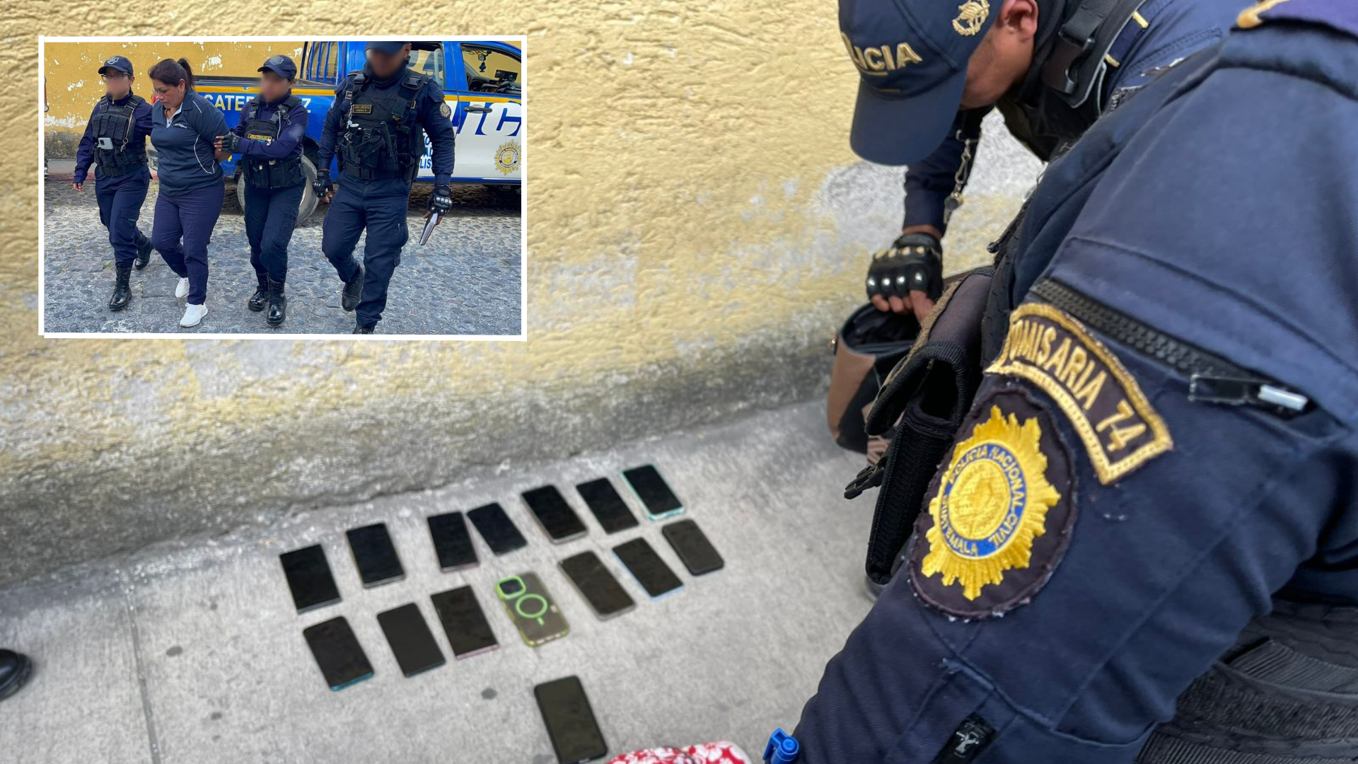 Composición que muestra los 14 celulares recuperados por la PNC y, en un recuadro pequeño, a la mujer detenida durante el operativo en Antigua Guatemala.