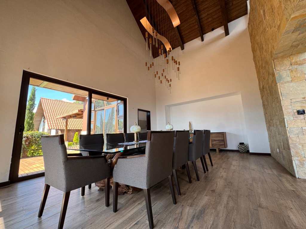 Comedor amplio con mesa para diez personas y lámpara colgante.