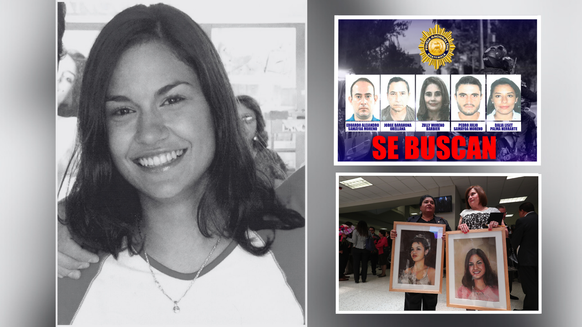 Imágenes de Claudina Isabel Velásquez, el afiche de los prófugos declarados en rebeldía y las madres que, tras el asesinato de sus hijas, impulsaron la creación de la Alerta Isabel-Claudina.