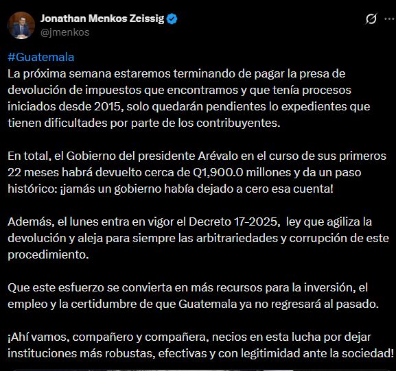 Jonathan Menkos Ministro de Finanzas divulga en redes sobre devolución de impuestos