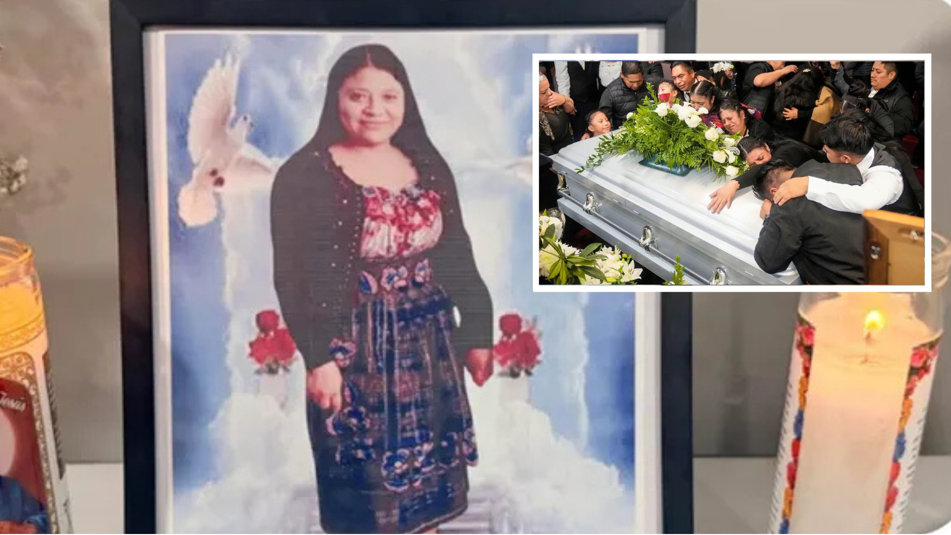 Retrato de María Ríos durante su primer funeral en Estados Unidos; detalle de familiares llorando sobre su ataúd.