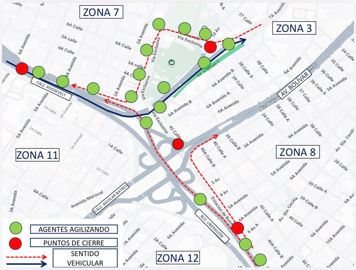 Mapa de cierres y controles: en rojo se muestran los puntos de cierres viales alrededor del Estadio El Trébol, y en verde los puestos de control de la Policía Municipal de Tránsito. (Foto, Prensa Libre: Emetra)