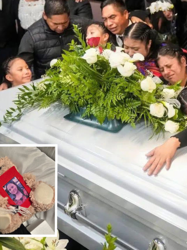 Composición de imágenes del entierro de María Ríos en Cabricán, con familiares llorando junto al féretro, y una foto pequeña de un peluche abrazando su retrato.
