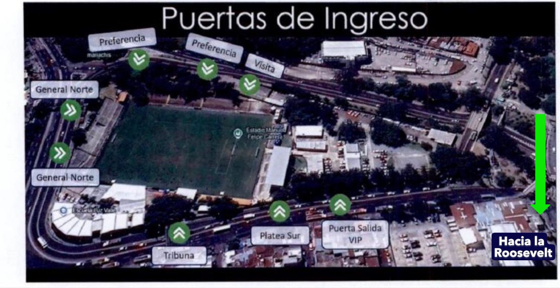 Mapa de accesos al Estadio El Trébol,  puertas de ingreso según su localidad Tribuna, Platea Sur, General Norte y Preferencia  para el partido Guatemala vs Panamá. (Foto, Prensa Libre: Cortesía Emetra)