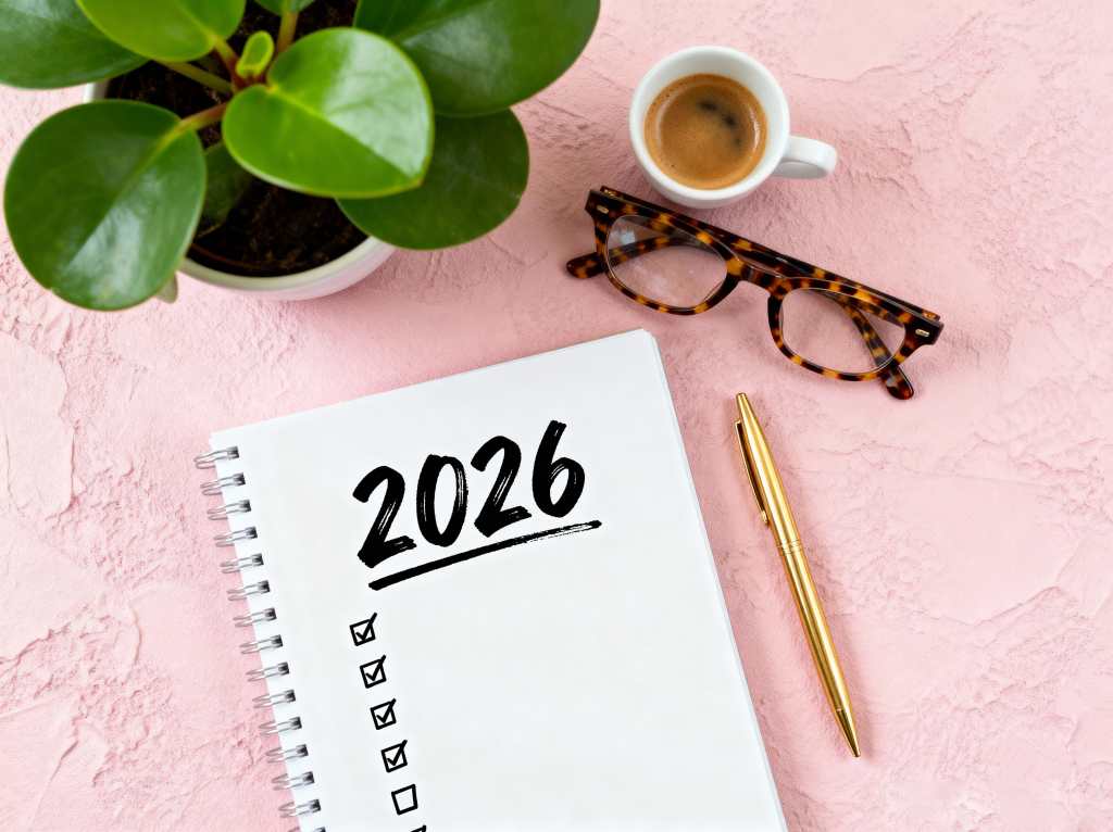 Resoluciones para el Nuevo año 2026. Lista de objetivos 2026 con cuaderno, taza de café, planta en mesa rosa. Resoluciones, Plan, objetivos, acción, lista de verificación, concepto de idea. Resoluciones del Nuevo año 2026, espacio para copias