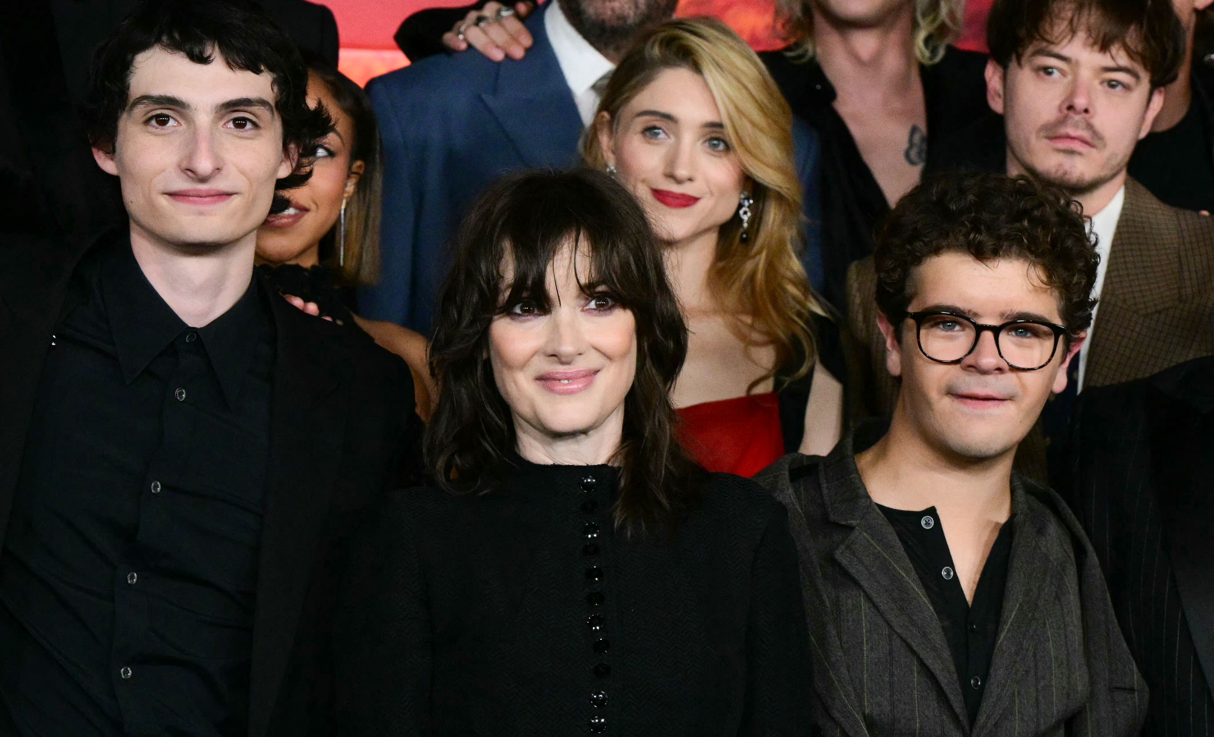 (FILES) (L/R) Canadian actor Finn Wolfhard, US actress Winone Ryder, US actress Natalia Dyer, US actor Gaten Matarazzo and English actor Charlie Heaton attend the world premiere of Netflix's "Stranger Things", Season 5, at the TCL Chinese theatre in Los Angeles on November 6, 2025. The hit fantasy series Stranger Things returns to Netflix on December 26, 2025 for three new episodes of the fifth and final season, before the grand finale on January 1st. (Photo by Frederic J. Brown / AFP)