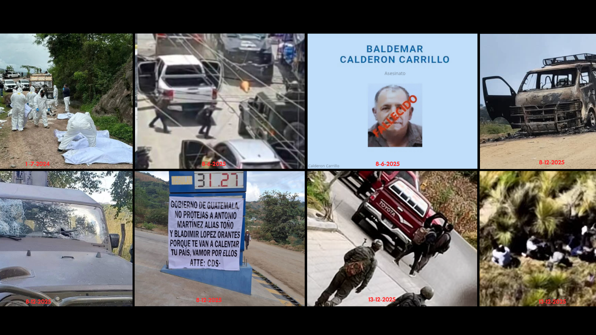 Composición de imágenes sobre violencia vinculada al crimen organizado: masacre en Chiapas, presencia del cártel de Sinaloa y ataques armados en Sololá, Guatemala.