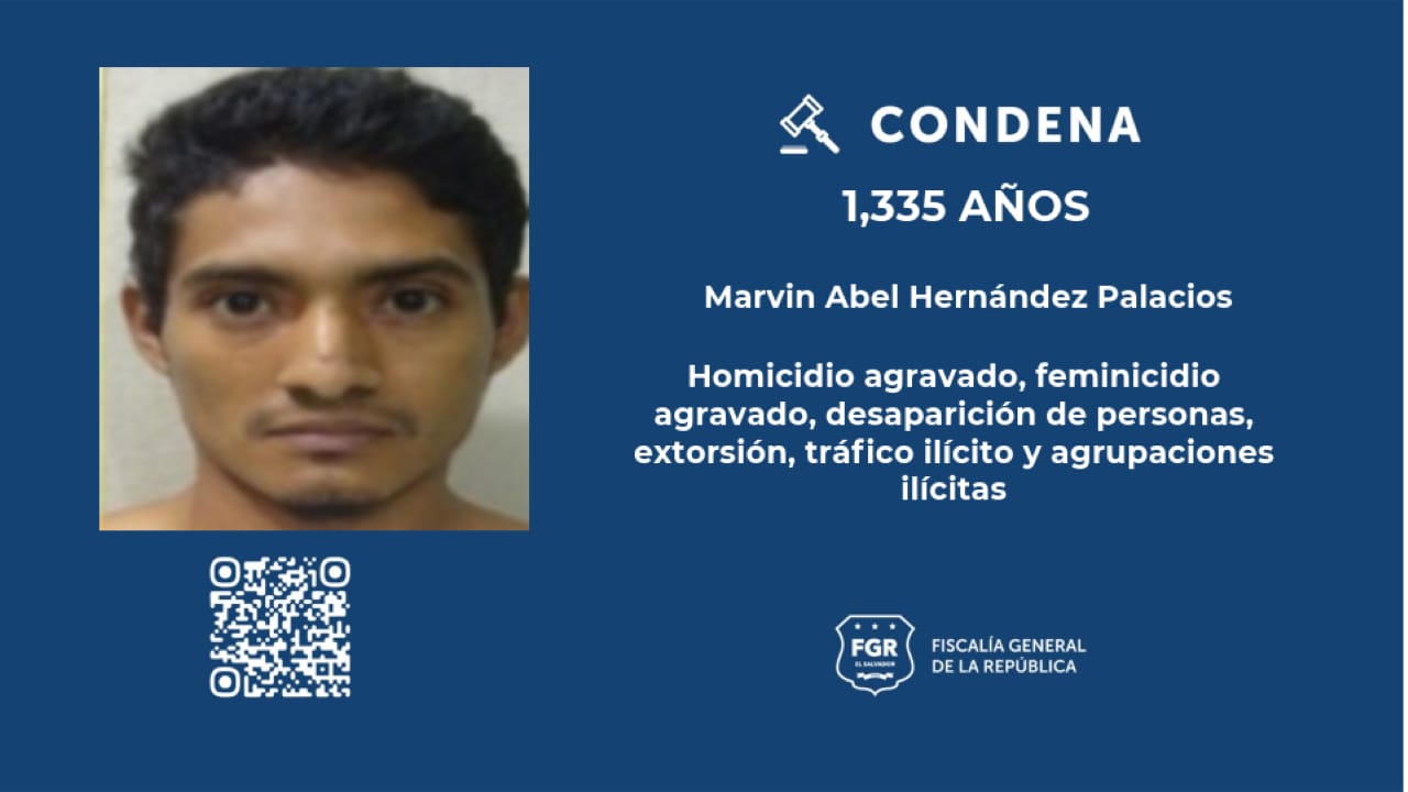 Marvin Abel Hernández Palacios, cabecilla de la MS-13, recibe una condena de 1,335 años de prisión por homicidios, desapariciones y extorsión.  (Foto Prensa Libre: Tomada de @FGR_SV)