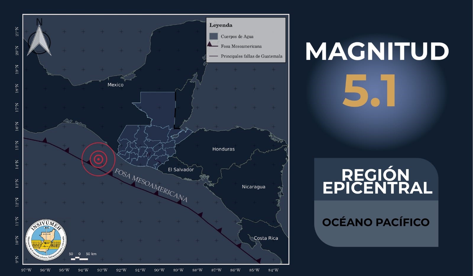 Mapa del Insivumeh muestra el epicentro del sismo de magnitud 5.1 registrado a las 20.20 horas frente a la costa sur del país, en el océano Pacífico. (Foto Prensa Libre: Insivumeh)