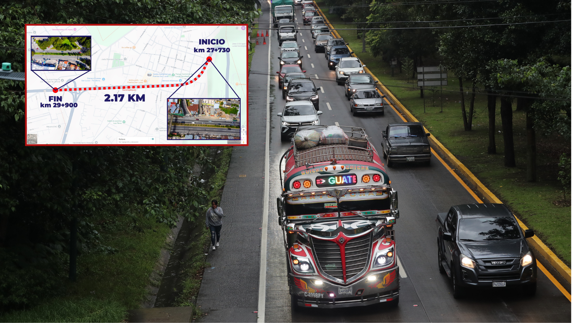 Tramo de la Ruta Interamericana en San Lucas Sacatepéquez donde se habilitará el carril reversible hacia el occidente, con mapa del recorrido.