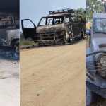 Composición con vehículos incendiados y un vehículo del Ejército impactado por balas durante los ataques en Huehuetenango y San Marcos.